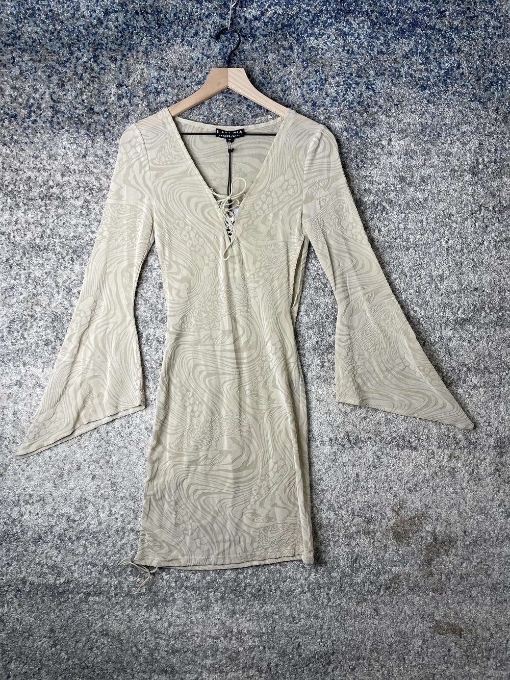 I.AM.GIA Dress Womens Small Tan Burn Out Mesh Long Sleeve Mini Amina Bell Sleeve